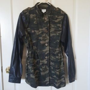 Camouflage and faux leather utility jacket